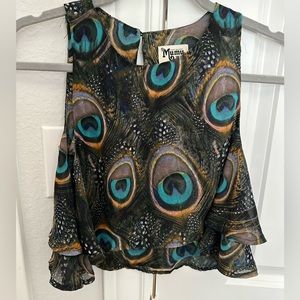 Show Me Your MUMU peacock Ruffled Crop Top Blouse S Small Anthropologie SMYM
